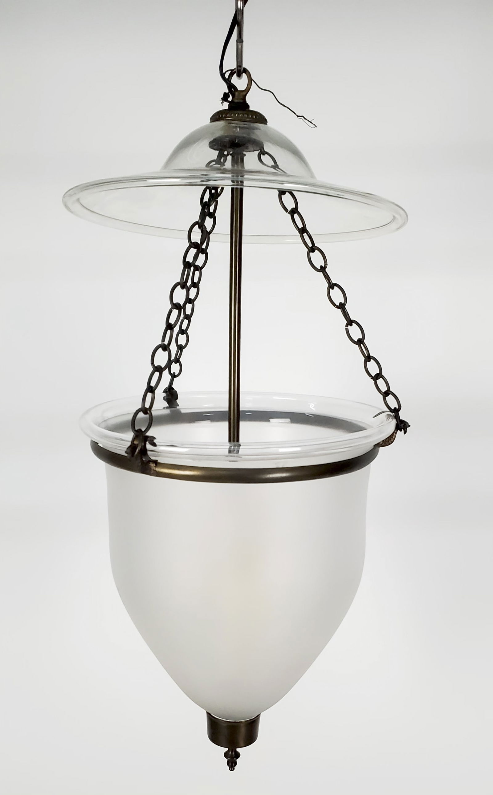 Pair of Neo-Classical Style Bell Jar Lanterns: Pair of Neo-Classical Style Bell Jar Lanterns, Frosted Shades, 20th Century, three light, 27" h. 11 1/2" dia., light abrasions to one shade. The photo illustrates one.
