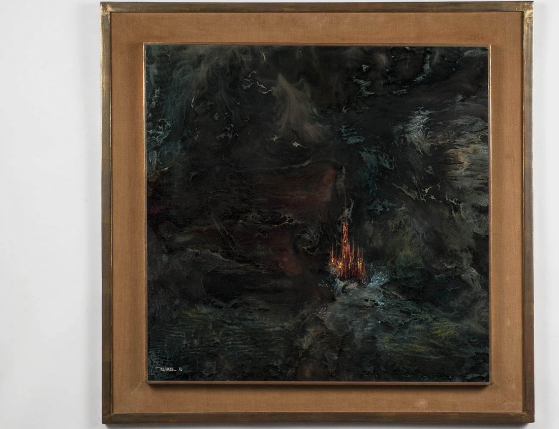 LEONARDO NIERMAN (Mexican/American. Born 1932): "Enchanted City". Signed and dated '62 l/l. Oil on Masonite. Measuring 24" by 24". Framed. (Cond: good) (1000/1500)