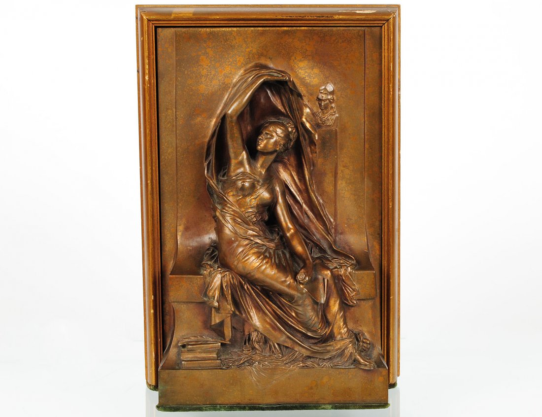 HENRI MICHEL ANTOINE CHAPU (French. 1833-1891): "Seated Maiden". Signed H. Chapu and with Thiebaut foundry seal mark. Bronze Bas Relief. Measuring 13 1/2" by 8 3/8". (1000/1500)