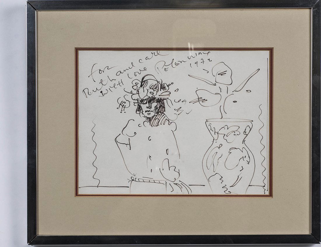 PETER MAX (German/American. Born 1937): "Figure with Vase of Flowers". Signed and dated 1972 with inscription "For Ruth and Carl with Love, Peter Max". Flair Marker on Paper. Sight measuring 9" by 12". Chrome frame. (Cond: good) (500/700)