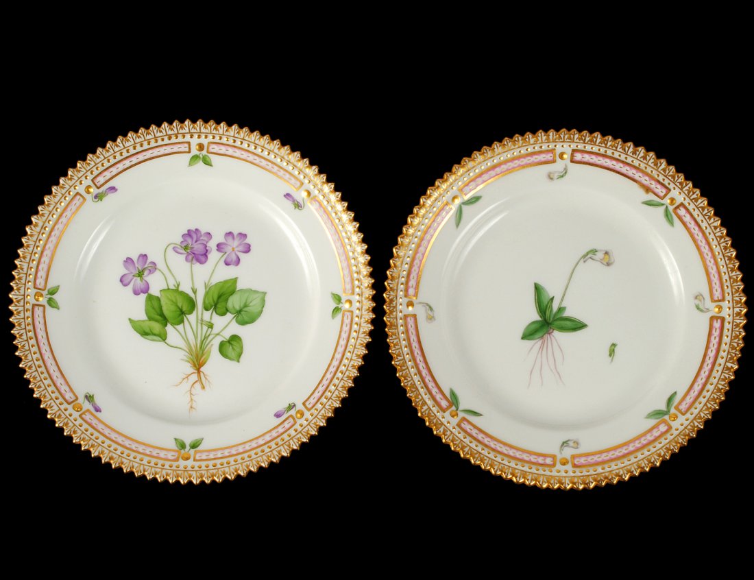 TWO FLORA DANICA PORCELAIN BREAD AND BUTTER PLATES: Danish. By Royal Copenhagen. Standard factory marks, Pattern No. 20 3552 and black identification. Diameter 5 3/4". (200/300)