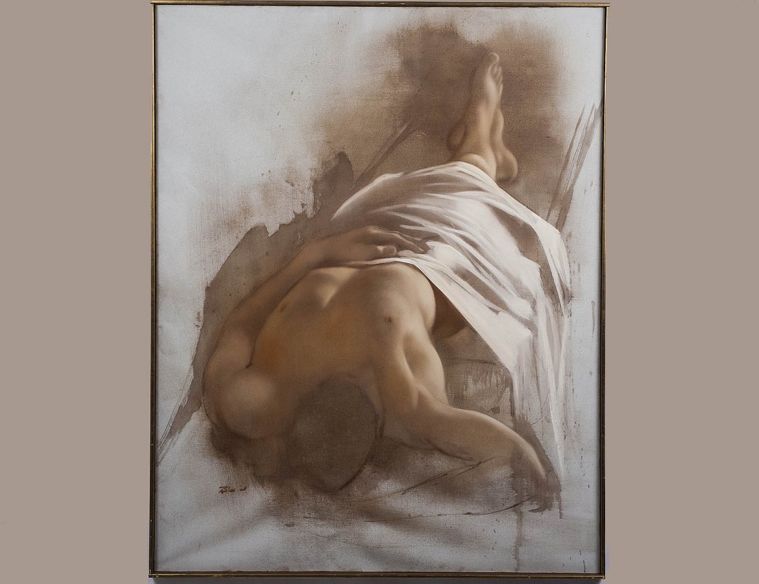 ROBERT R. BLISS (American. 1925-1981): "Sleeping Boy". Signed "Bliss" l/l. Oil on Canvas. Measuring 48" by 38". Wood frame. (Cond: could use cleaning) (1500/2000) Provenance: Selected Artist's Gallery, N.Y.