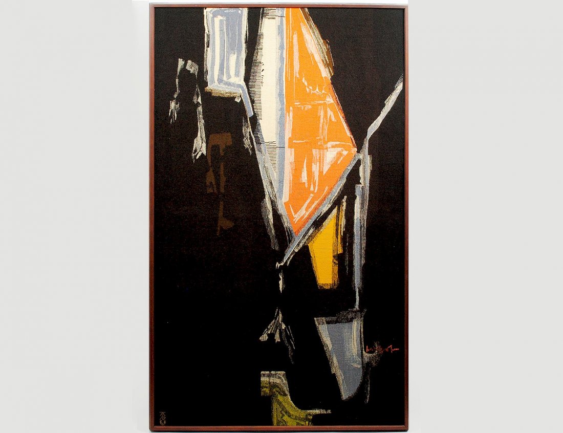 MATHIEU MATEGOT (French. 1910-2001): Tapestry After a Design by Georges Mathieu (1921-2012). "Atar". Aubusson Tabard Freres & Soeurs". With label, No. 567. Measuring 69 1/2" by 39 1/2". Wood frame. (Cond: good) (2500/3000)