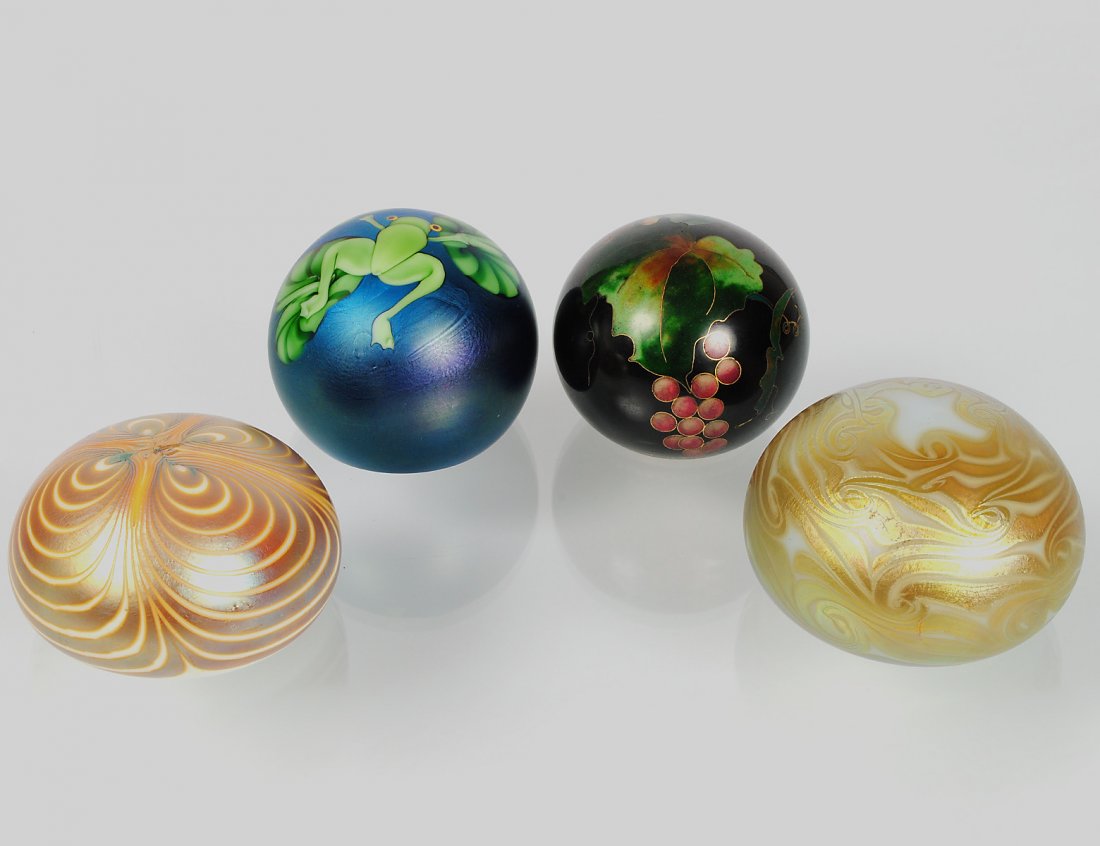 GROUP OF FOUR GLASS PAPERWEIGHTS: Comprising: Orient & Flume dated 1982, Chinese cloisonne, Zeplin dated '75 and a stained glass. (200/250)