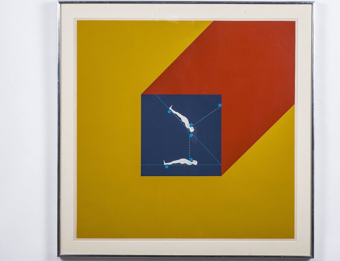 ERNEST TROVA (American. 1927-2009): "F.M. Manscapes". Circa 1969. Signed and numbered 105/175 in pencil l/r margin. Color Lithograph. Image measuring 24" by 24". Chrome frame. (Cond: good, has margins) (300/500) Provenance: Pace Art Edi