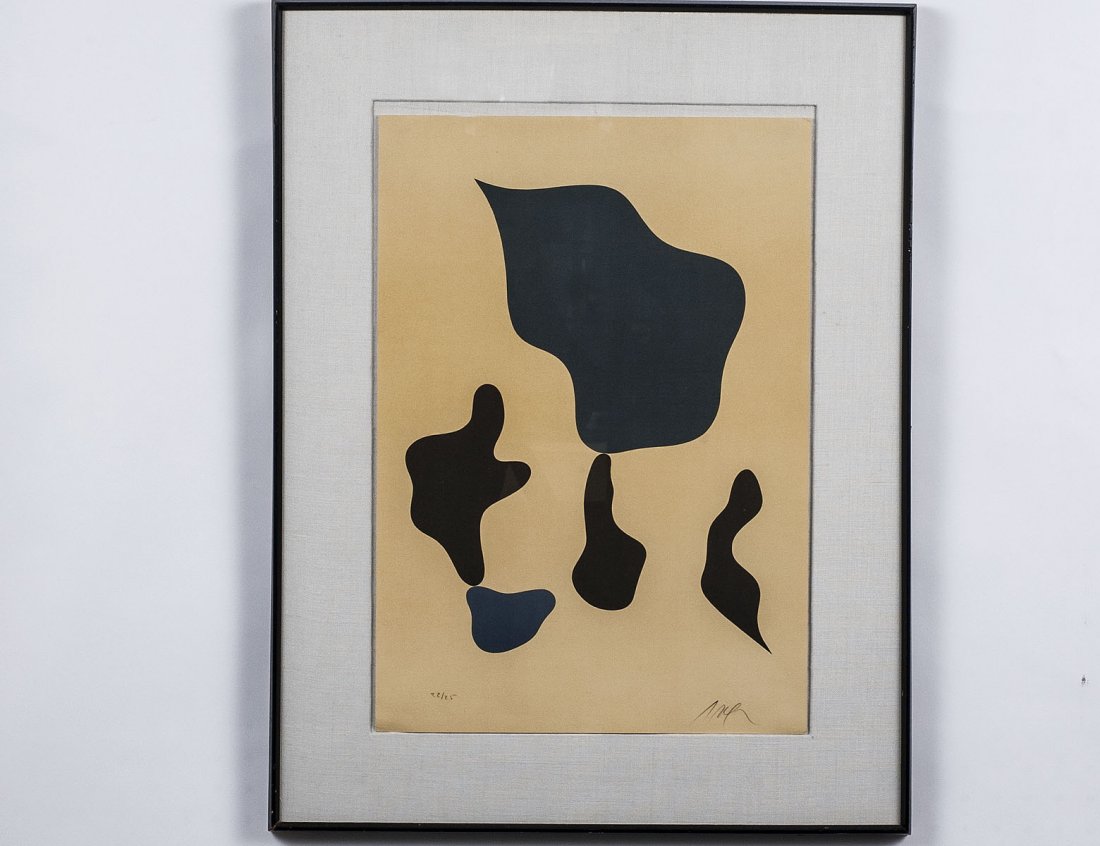 JEAN ARP (French. 1886-1966): "Komposition mit funf Formen". Signed "Arp" and numbered 22/25 in pencil lower image. Color Lithograph. Sheet measuring 19 3/4" by 13 3/4". Framed. (Cond: good) (500/700)