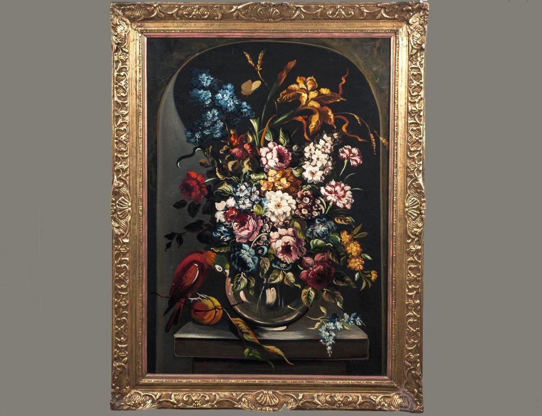 CONTINENTAL SCHOOL (19th Century): "Exotic Floral Still Life in Niche with Parrot". Unsigned. Oil on Canvas. Measuring 38" by 27 1/4". Gilded antique frame with repairs. (Cond: relined, scattered crazing) (800/1000)