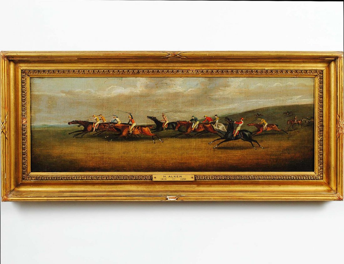 HENRY ALKEN (English. 1810-1892): "Epsom Races". No visible signature. Oil on Canvas. Measuring 9" by 24 3/4". Giltwood carved frame with nameplate. (Cond: original canvas, scattered craquelure, old varnish, will need cleaning) (3000/