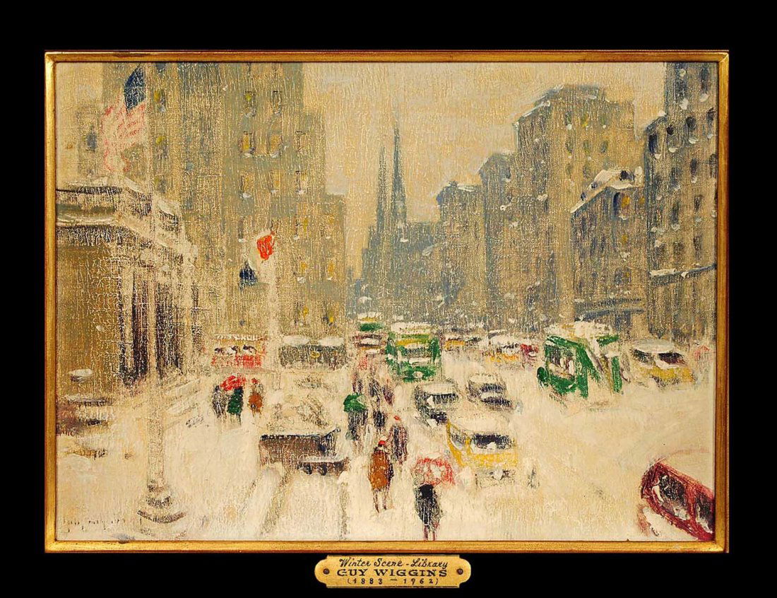 GUY CARLETON WIGGINS, N.A. (American. 1882-1962): "Winter Scene, 5th Avenue, The Library". Signed faintly l/l. Oil on Canvas Board. Measuring 12" by 16". Framed with nameplate. (Cond: surface dirty with old varnish, fine crazing, will need cleaning)