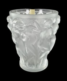 French Lalique Bacchantes Crystal Glass Vase, underside signed Lalique France, 9 1/2" h. 7 1/2"