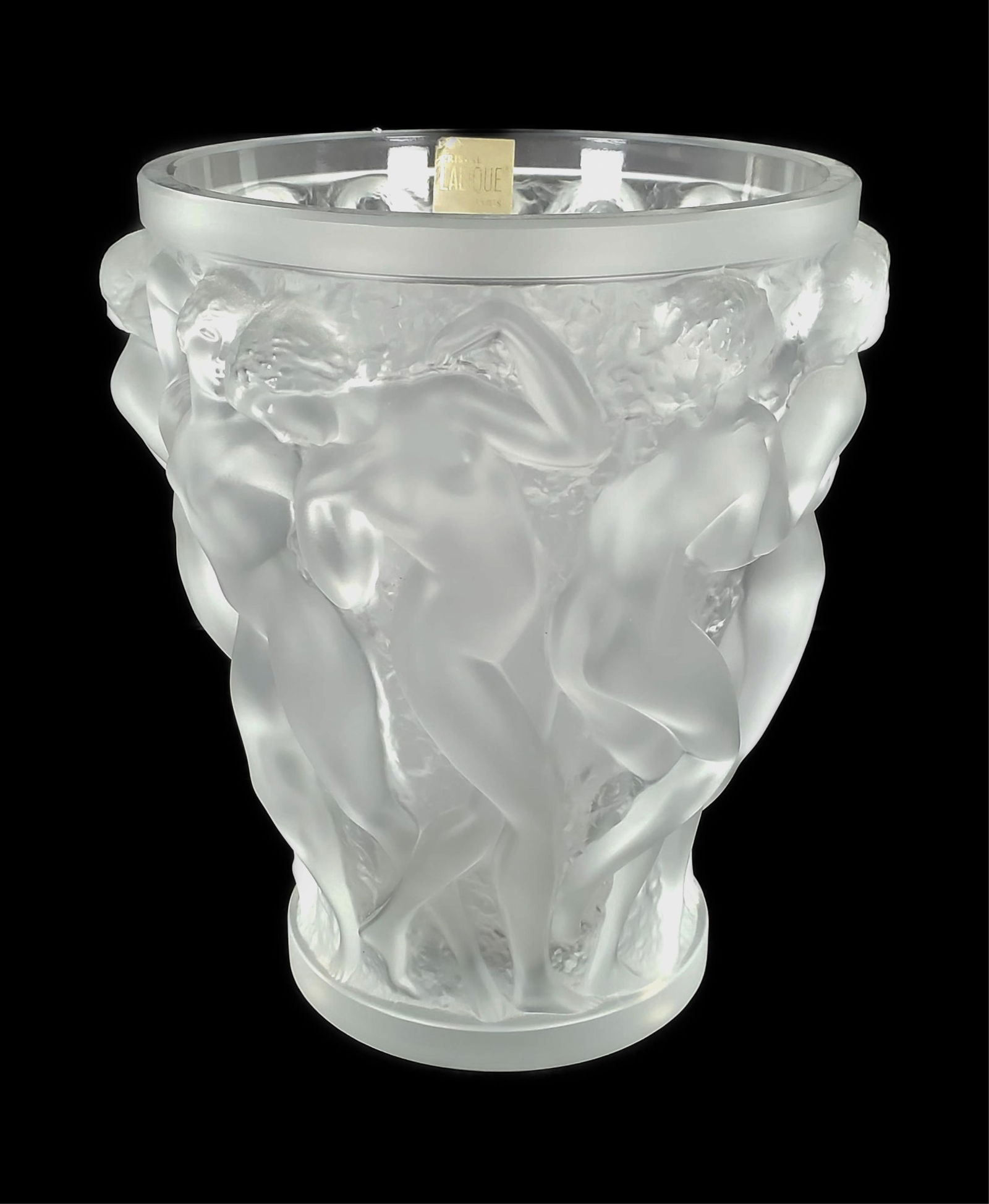 French Lalique Bacchantes Crystal Glass Vase, underside signed Lalique France, 9 1/2" h. 7 1/2"