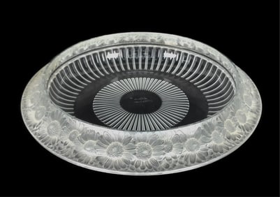 French Lalique Crystal Glass Marguerites Low Bowl, underside signed Lalique France, 2 1/2" h. 13