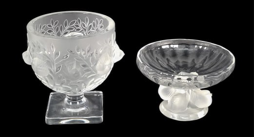 Two French Lalique Crystal Glass Compotes, both signed Lalique France, 5 1/2" h.. 4 1/2" w. and 3