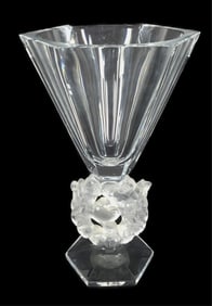 French Lalique Crystal Glass Mesanges Vase, underside signed Lalique France, 12 1/4" h. 7 1/2" dia.,