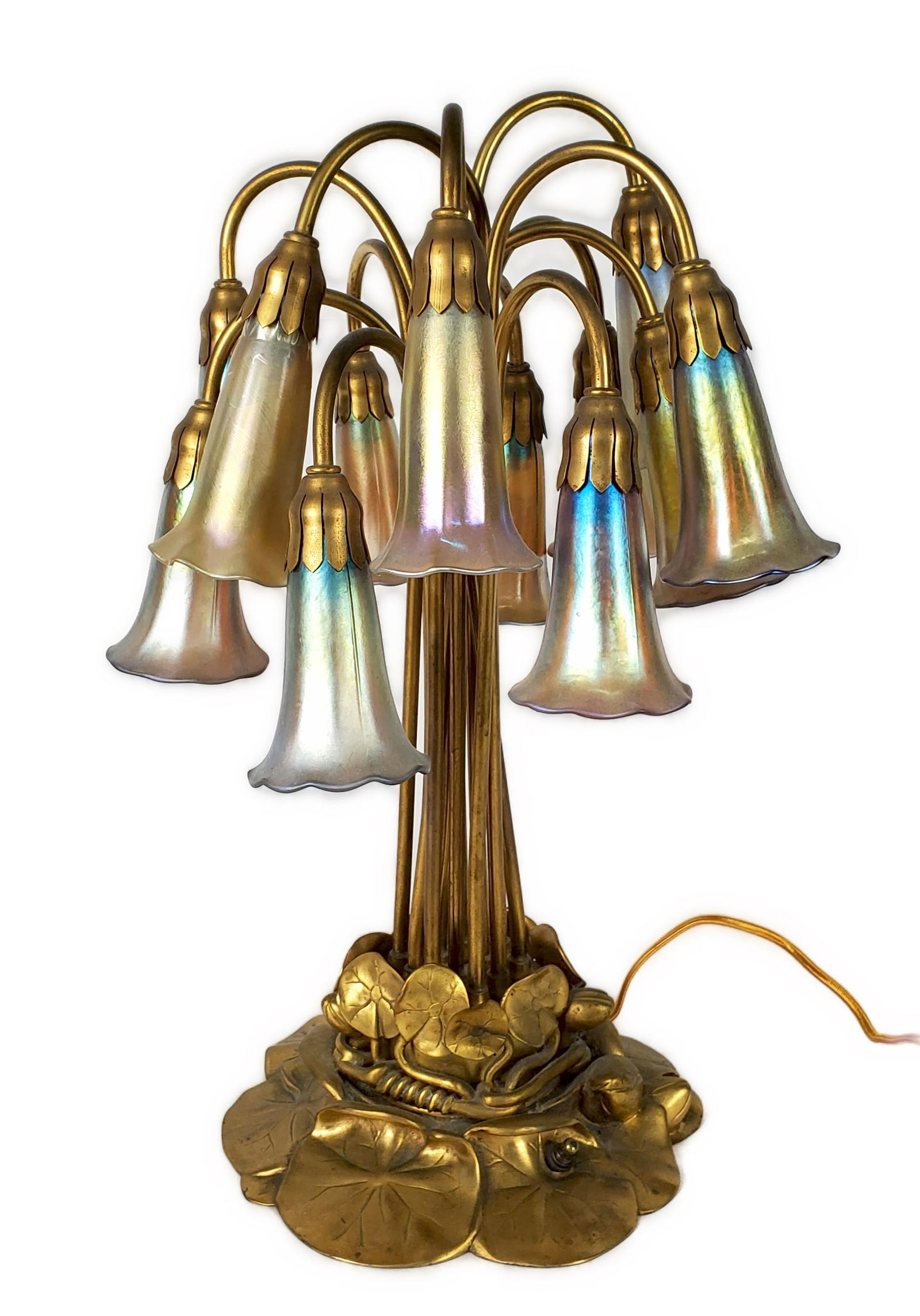 Tiffany Style Art Glass Iridescent Shade and Brass Morning Glories Table Lamp by Lotton Art Glass,, (1 of 6)