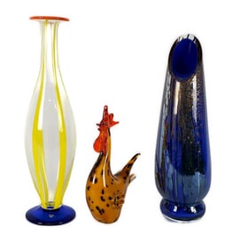 Group of Three 20th Century Studio Art Glass Objects to include: Two Vases and One Chicken,