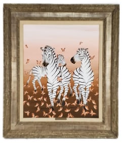 Gustavo Novoa (Chilean, b. 1941) Zebras and Butterflys, Signed Novoa and dated 1974 lower right, Oil