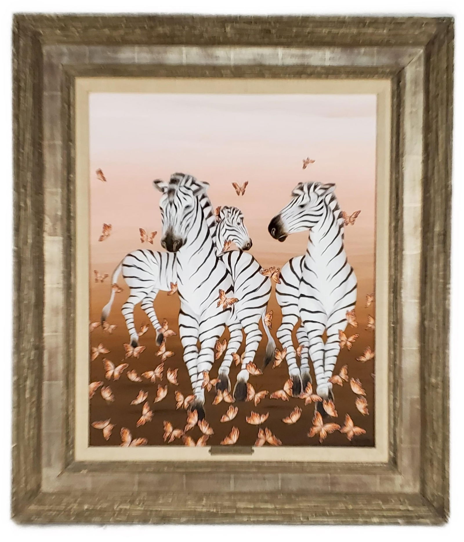 Gustavo Novoa (Chilean, b. 1941) Zebras and Butterflys, Signed Novoa and dated 1974 lower right, Oil: Gustavo Novoa (Chilean, b. 1941) Zebras and Butterflys, Signed Novoa and dated 1974 lower right, Oil on canvas, Verso with Wally Findlay Galleries label, 25 7/8" x 21 1/2", Framed-32 1/4" x 28 1/4"