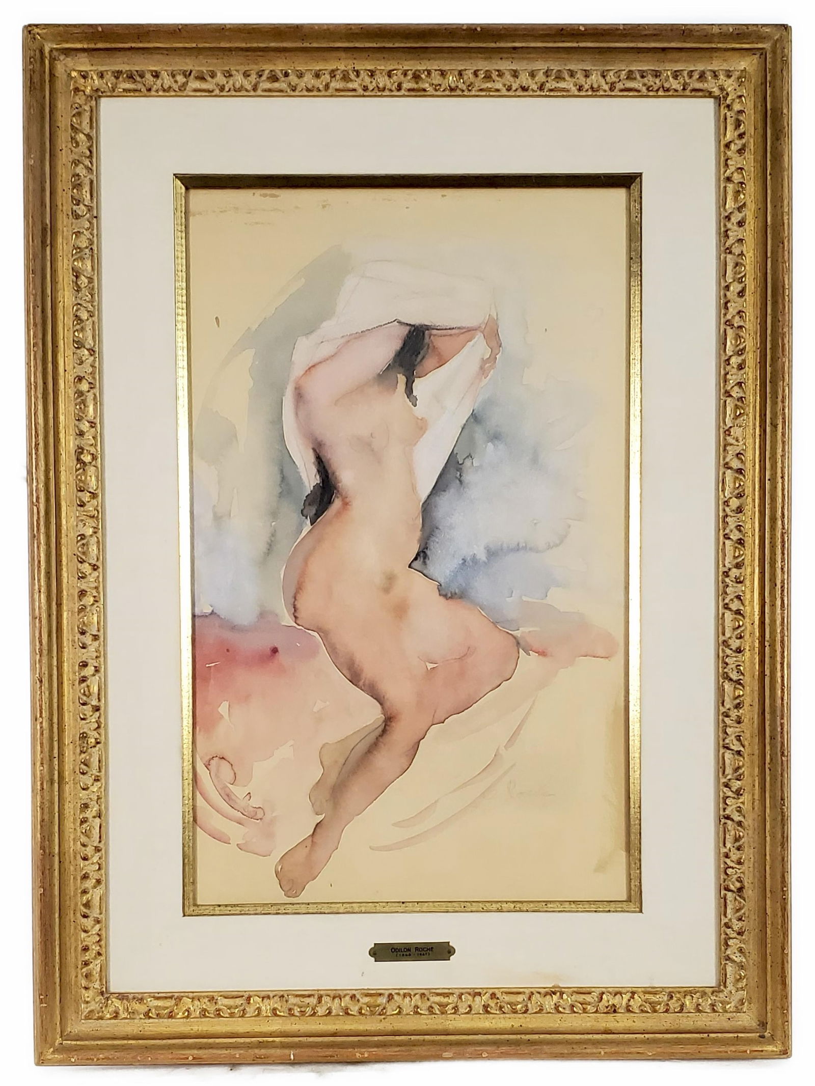 Odilon Roche (French, 1868-1947) Female Nude, Signed Roche in pencil lower right, Watercolor on: Odilon Roche (French, 1868-1947) Female Nude, Signed Roche in pencil lower right, Watercolor on paper, Verso with Wally Findlay Galleries label, Sight-21 1/4" x 13 1/4", Framed-30 1/4" x 22 1/4"
