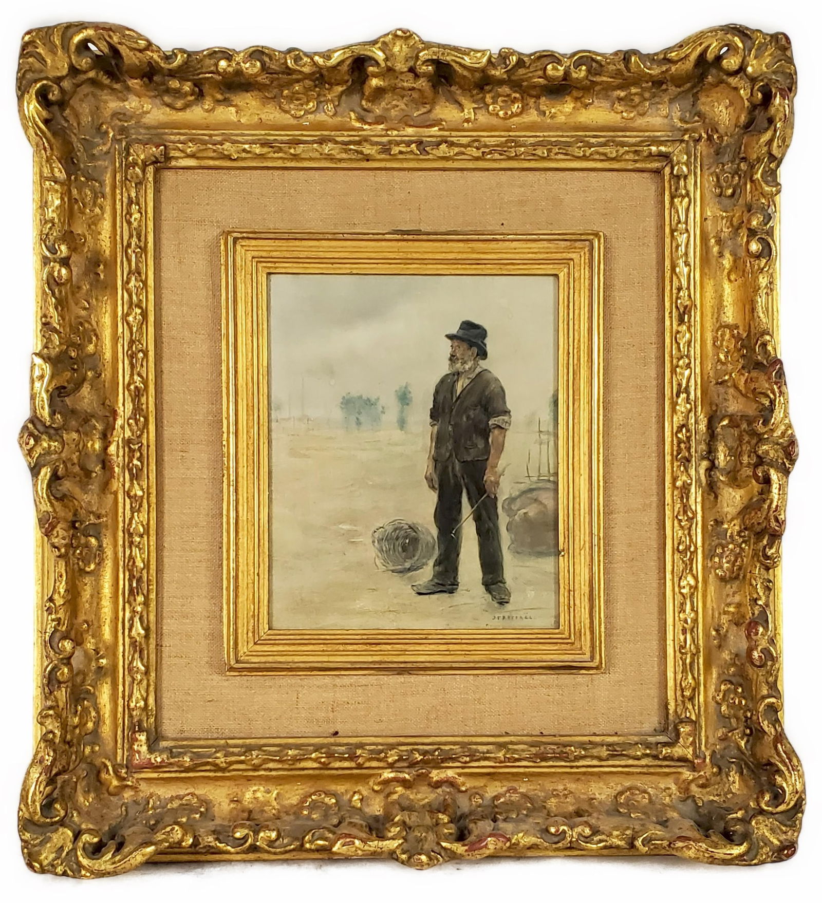 Jean Francois Raffaelli (French, 1850-1924) Bearded Peasant, Signed J.F. Raffaelli lower right, Oil: Jean Francois Raffaelli (French, 1850-1924) Bearded Peasant, Signed J.F. Raffaelli lower right, Oil on panel, Verso bears old typed label, 6" x 5", Framed-13" x 12"