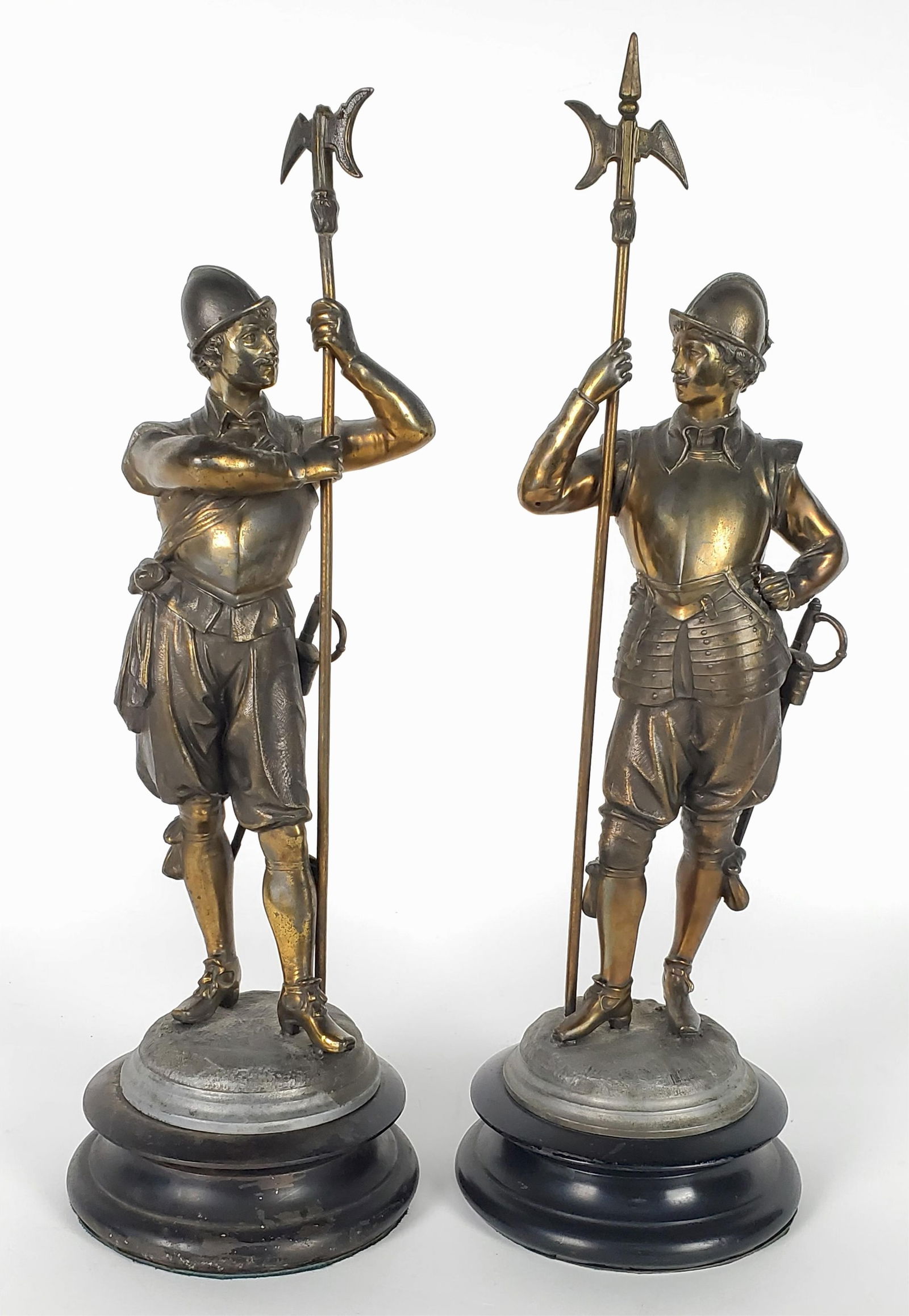 Pair of Antique Spelter Pole Guards Sculptures, patinated and on round slate socle bases, Late 19th (1 of 5)