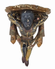 Antique Venetian Wood Carved and Painted Blackamoor Bracket Shelf, 15" x 11 1/2", has wear and paint
