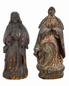 Two Spanish Colonial Carved Wood Santos, 18th/19th Century, one polychromed, 13 1/2" h. and 12 1/2"