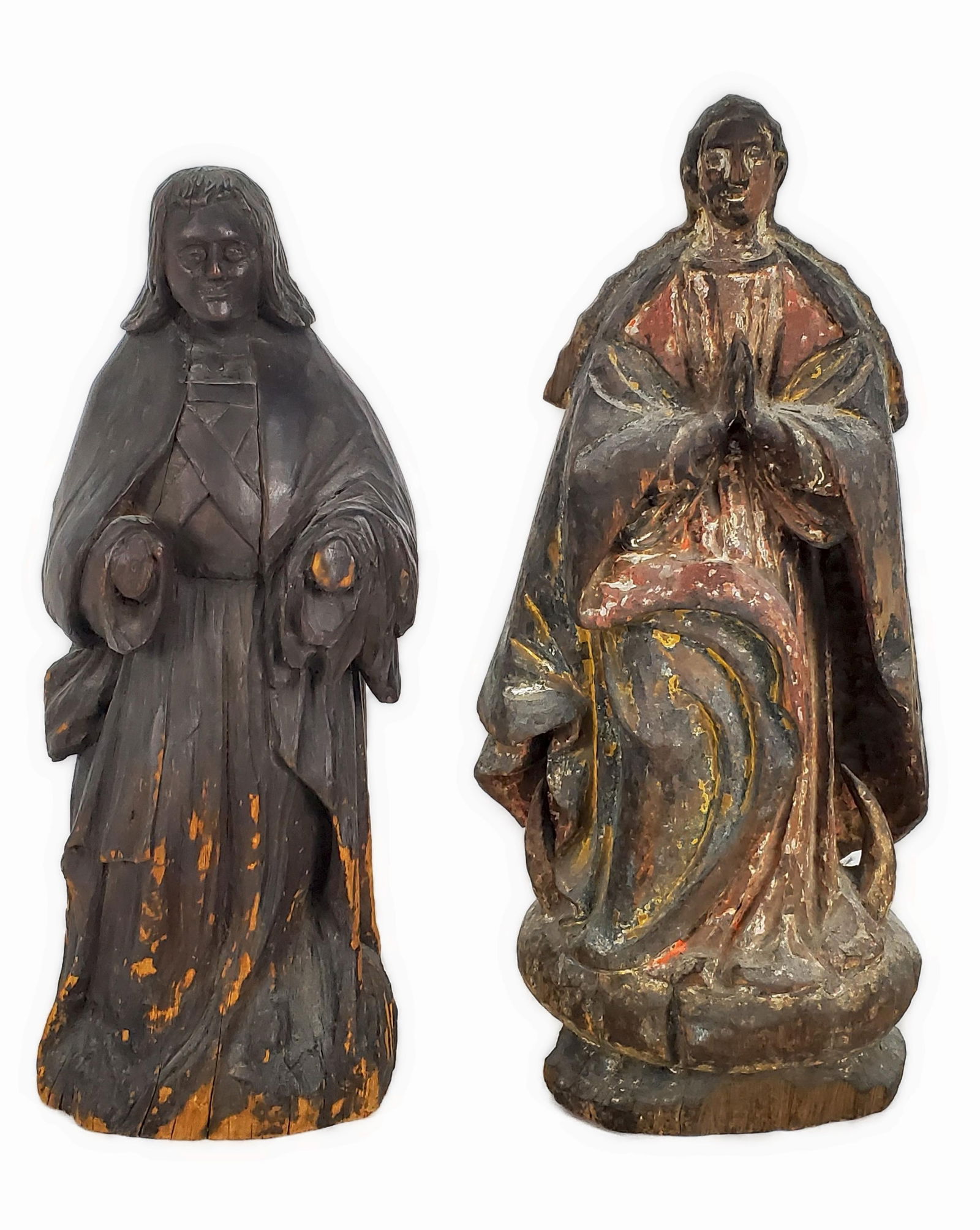 Two Spanish Colonial Carved Wood Santos, 18th/19th Century, one polychromed, 13 1/2" h. and 12 1/2" (1 of 6)