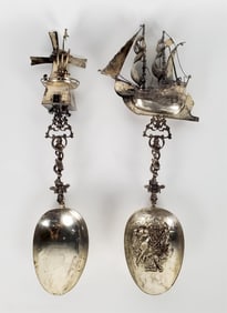 Two Very Large Dutch or Danish 800 Silver Collector Spoons, 19th Century, one with a Galleon Ship