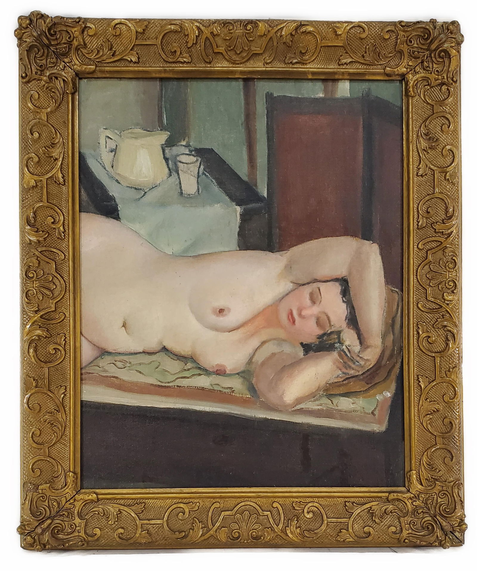 French School (Late 19th/20th Century), Reclining Nude Female, Oil on canvas laid to a board, No: French School (Late 19th/20th Century), Reclining Nude Female, Oil on canvas laid to a board, No visible signature, Verso bears inscription with the name Valadon, 20" x 16", Framed-25 1/4" x 21 1/4",