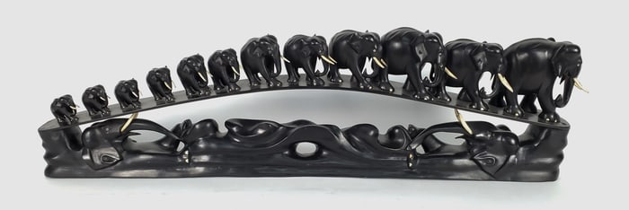 Large Southeast Asian Ebony and Bone Carved Elephant Bridge, 20th Century, 12" h. 42" L. 4" d. ,