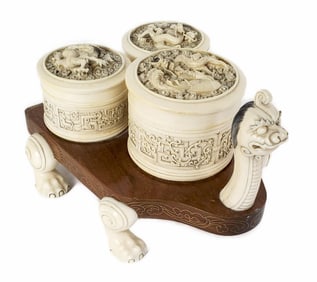 Unusual Chinese Chimera Wood Stand with Three Heavily Carved Lidded Round Boxes, 6 1/2" h. 7 1/4" w.