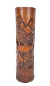 Tall Antique Chinese Carved Bamboo Brush Pot, 16 1/4" h. 4 3/4" dia., has some splits from age and
