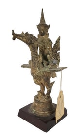 A Thai Bronze Sculpture of Kinnara, Overall-11' h., with the Thai government export tag attached to