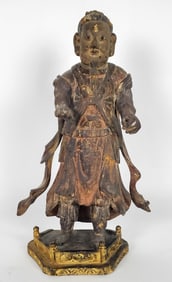 Southeast Asian Carved Wood Warrior/Protector Deity, standing on an altar, has a worn patina with