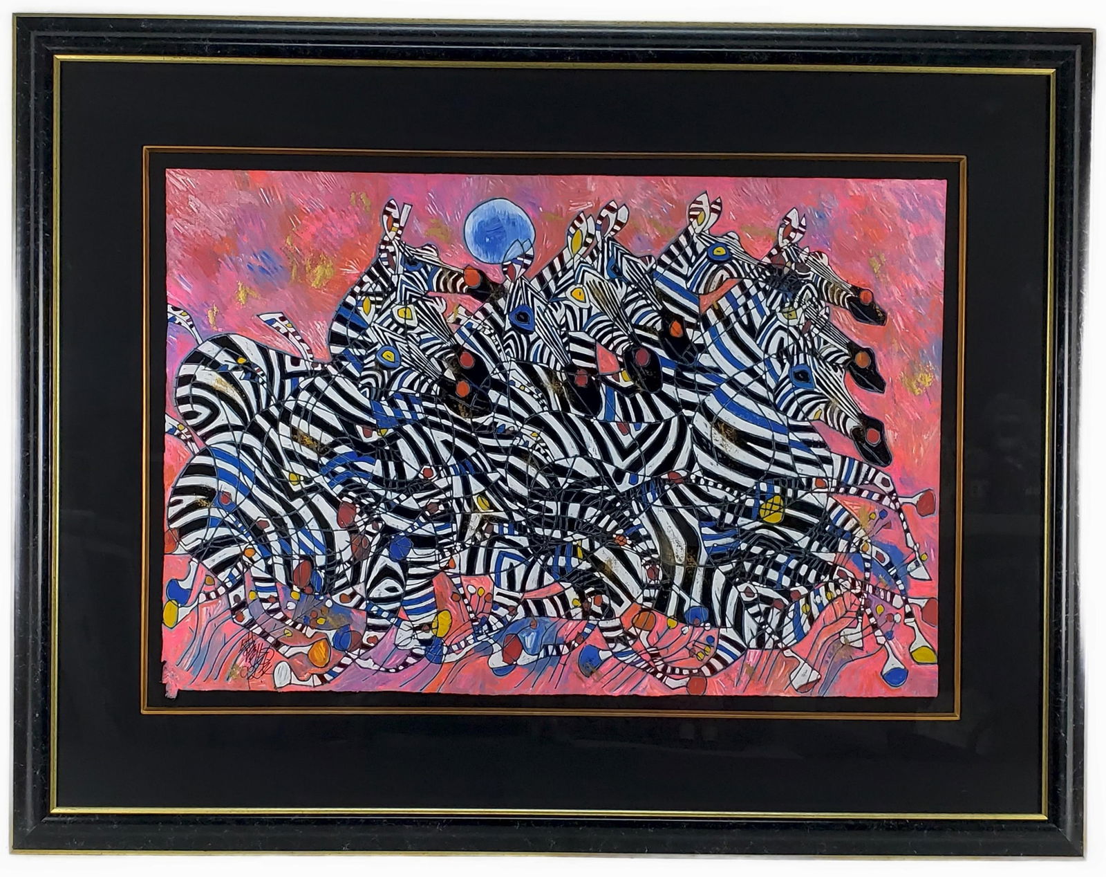 Jiang Tie-Feng (Chinese, b. 1938) Zebras, Signed and dated '92 lower left, Mixed Media on paper,: Jiang Tie-Feng (Chinese, b. 1938) Zebras, Signed and dated '92 lower left, Mixed Media on paper, Sheet-23 3/4" x 35 3/4", Framed-38 1/2" x 50"