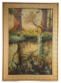 A 20th Century Oil on Canvas Painting, Impressionist Landscape with Figure by a Stream, unsigned,