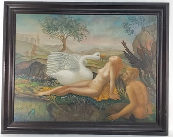Adrien Weber (20th Century) Leda and the Swan, Signed lower left, Oil on canvas, 35 1/4" x 45 3/4",