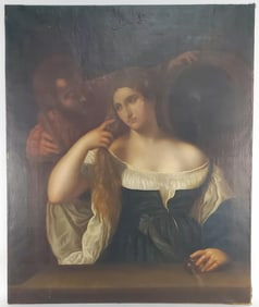 A 19th Century Oil on Canvas Painting After Titian (Italian, 1488-1576) Woman with Mirror, 44 1/4" x