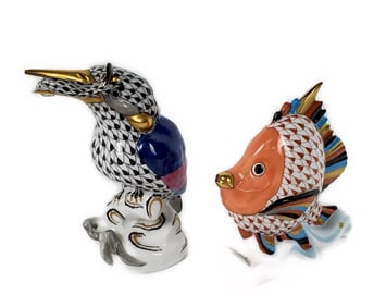 Two Herend Fishnet Porcelain Figures, Kingfisher Bird and Angel Fish, marked underside, 5" h. 4 1/2"