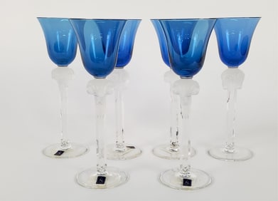 Set of Six German Lichtcrystal Blue Glass Rams Head Stemmed Goblets, 10" h., No chips, blemishes or