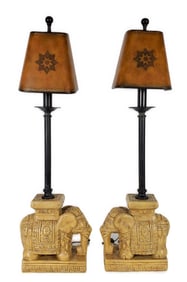 Pair of Maitland-Smith Composition Elephant Table Lamps, with tooled wrapped faux leather shades,