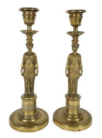 Pair of Antique French Neo-Classical Caryatid Gilt Bronze Candlesticks, 19th Century, 10 1/4" h.,
