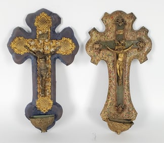 Two Antique French Ecclesiastical Gilt Metal Crucifixes with fonts, Late 19th Century, 13 3/4" h. 7