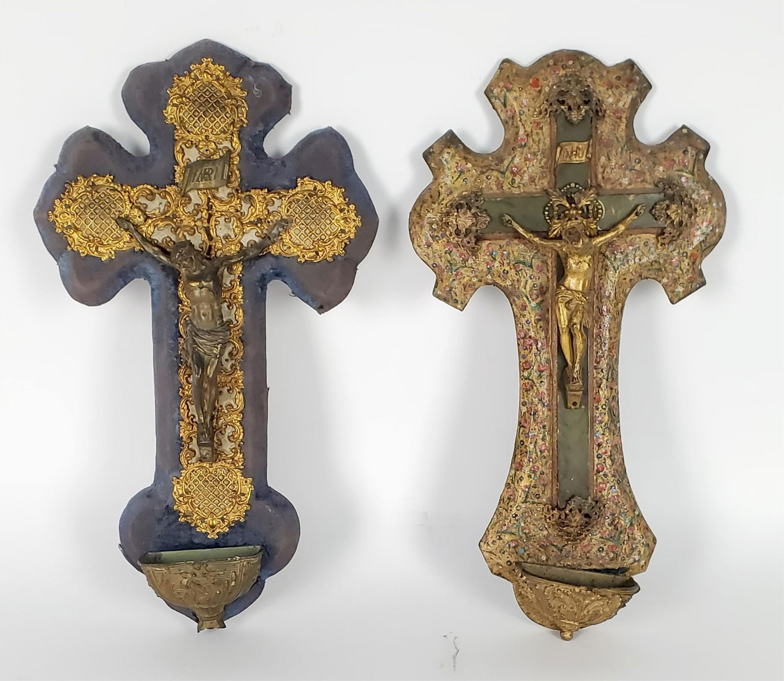 Two Antique French Ecclesiastical Gilt Metal Crucifixes with fonts, Late 19th Century, 13 3/4" h. 7 (1 of 6)