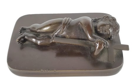 Antique French Patinated Bronze Ecclesiastical Paper Desk Weight with Infant Child and Cross, 19th