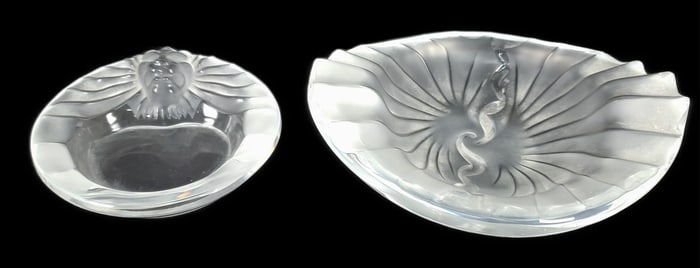 Two French Lalique Crystal Glass Objects to include: Nancy Cendrier Low Bowl and Lion's Head Small