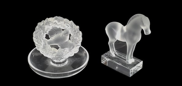 Two French Lalique Crystal Glass Objects to include: Ring Dish and Horse, both signed Lalique