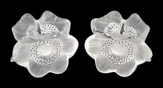 Pair French Lalique Crystal Glass Anemone Candle Holders, 3" h. 5" w., No chips, blemishes, or