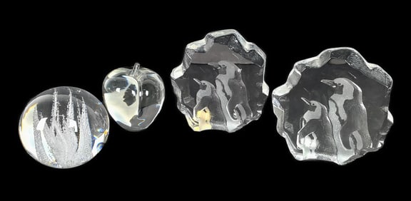 Group of Four Colorless Glass Objects to include: Apple, Paperweight, Two Swedish Penguins signed